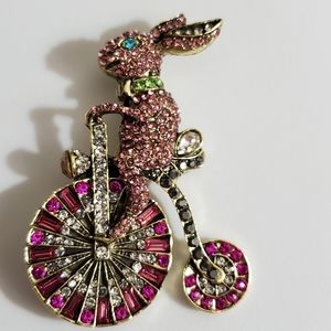 Easter bunny rabbit BROOCH on bicycle rhinestones sparkly New Vintage style BIG